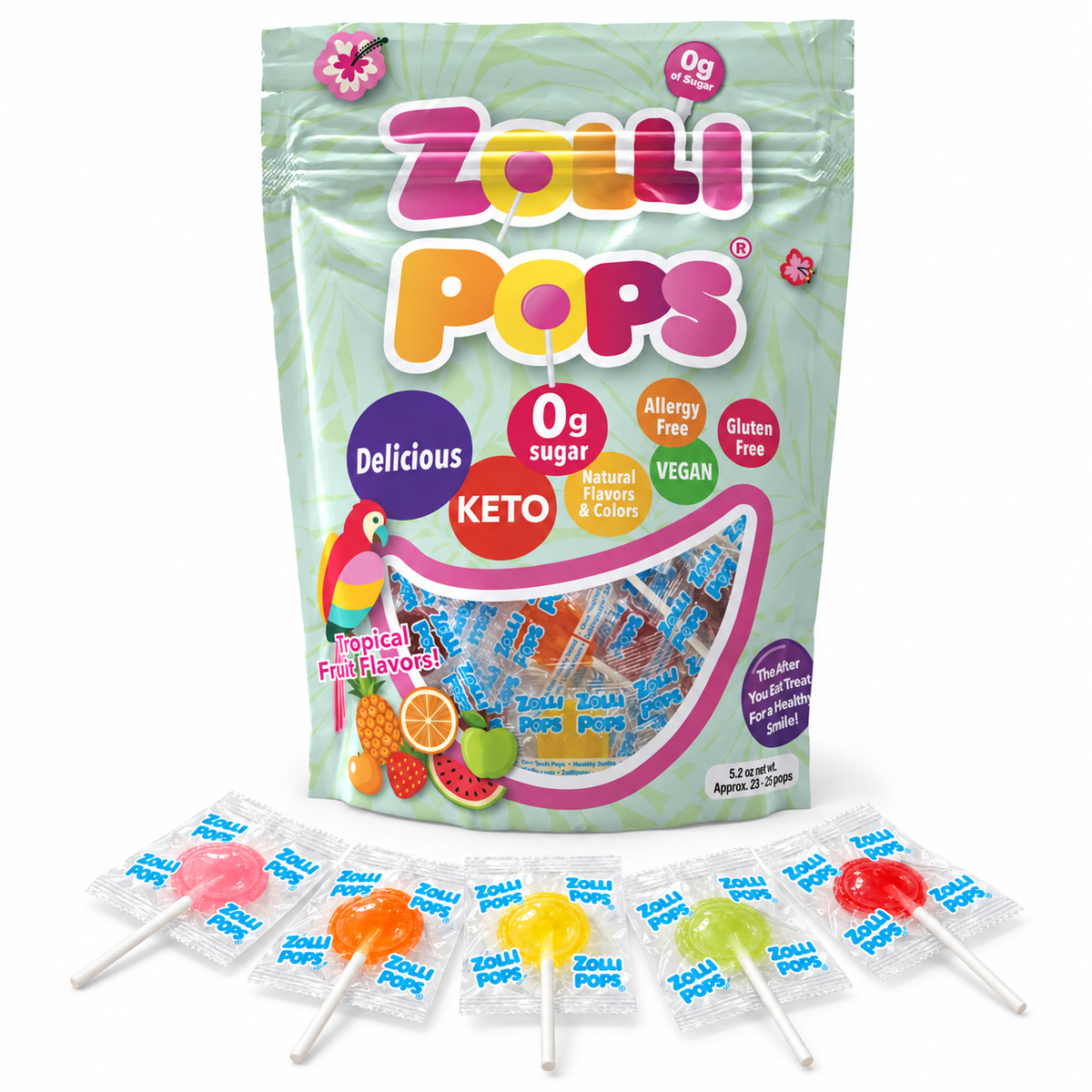 Zollipops bag with five individually wrapped pops lying flat in front
