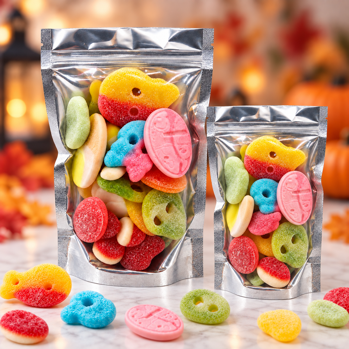 A large Swedish candy pouch beside a smaller sampler pouch