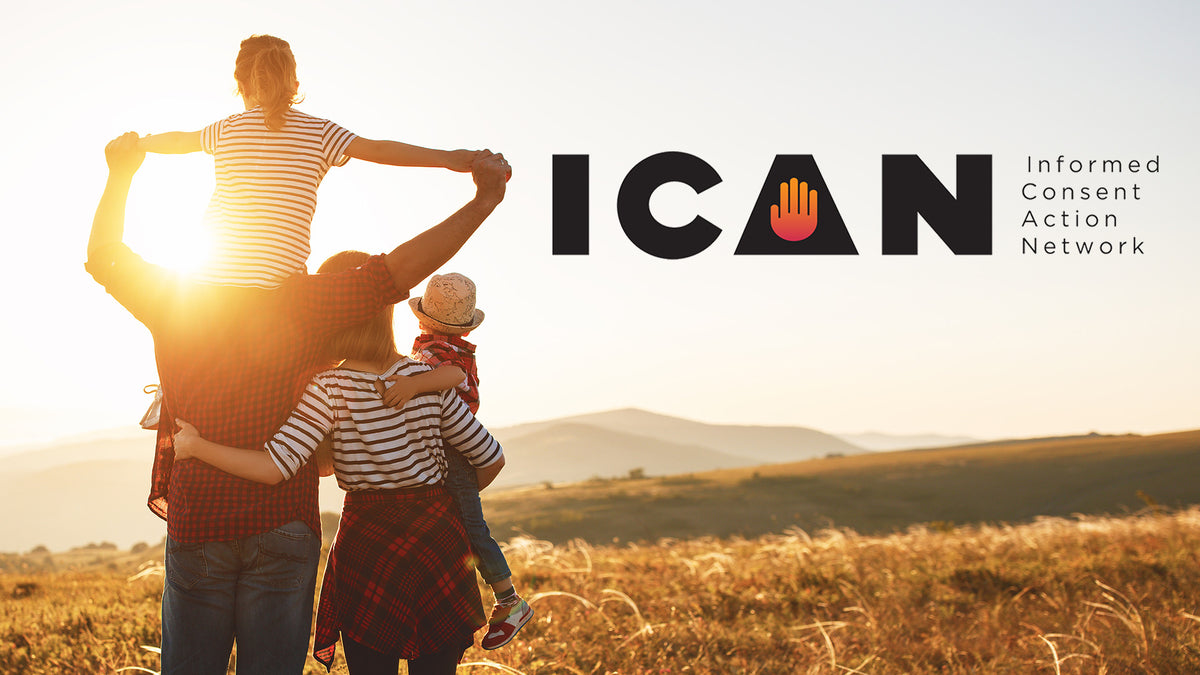 Family together outdoors with the ICAN — Informed Consent Action Network logo