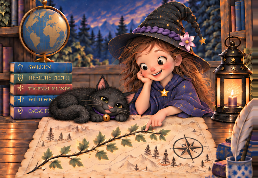 The Switch Witch and her black cat Licorice examine a map by lantern light