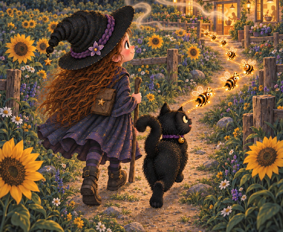 The Switch Witch and Licorice follow glowing bees through sunflowers toward a warmly lit cottage