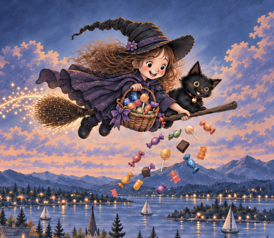 The Switch Witch and Licorice fly above a lakeside village with a basket of treats