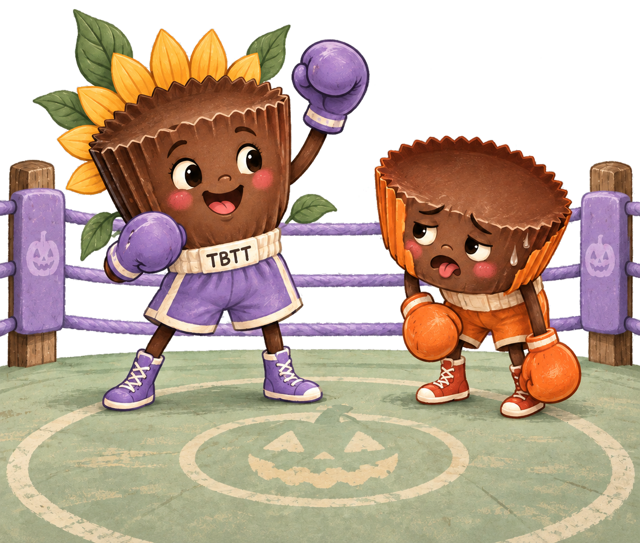 A Tricked by the Treat sunflower butter cup boxer celebrates while a conventional peanut butter cup boxer catches its breath